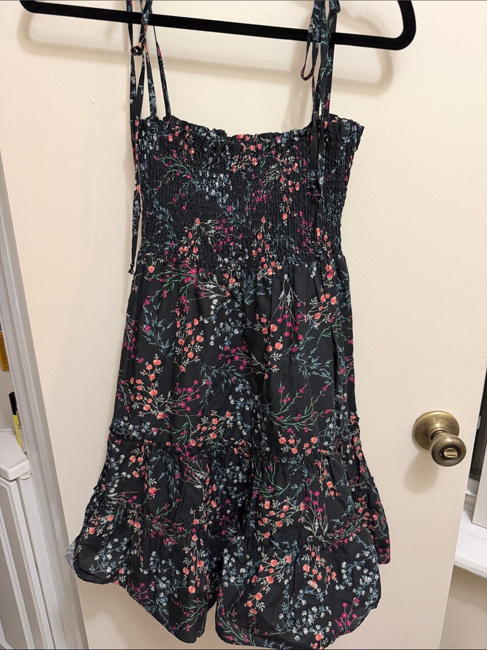 Blue Life Black Floral Smocked Mini Dress with Coral and Teal Accents